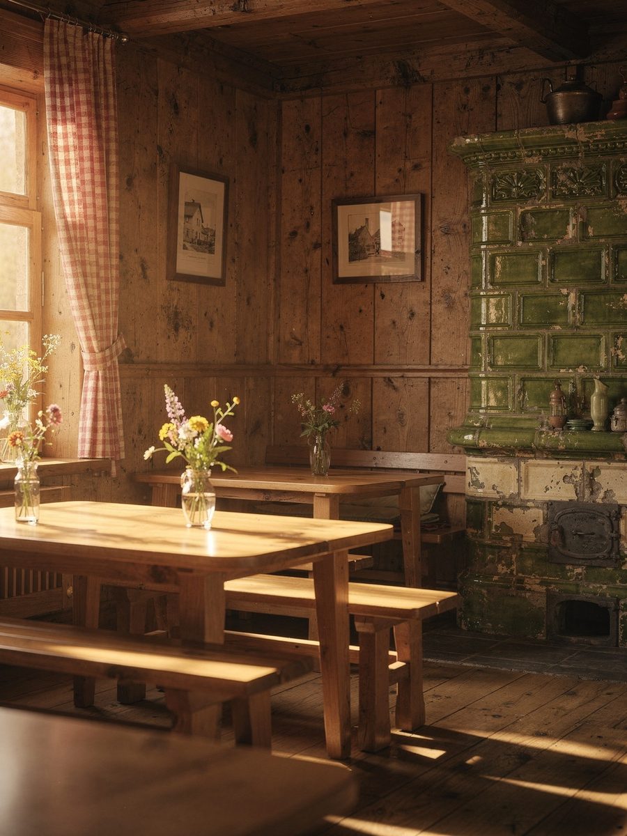 Rustikale Bauernstube mit Holztischen und gemütlichem Ambiente