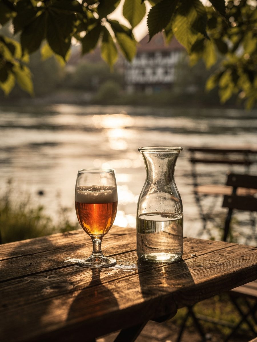 Biergarten am Mainufer mit Lichterketten und Blick auf die Steinbrüche